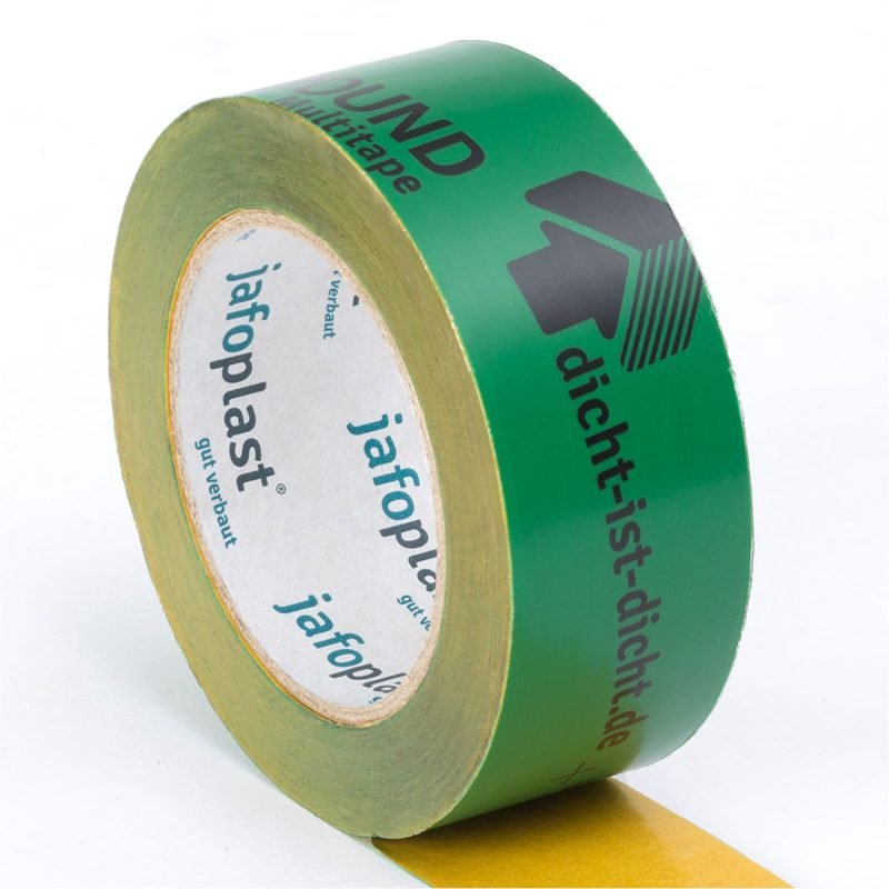 Eine abgerollte Rolle jafo® ALLROUND-Multitape 60 mm × 25 m Klebeband auf weißem Hintergrund