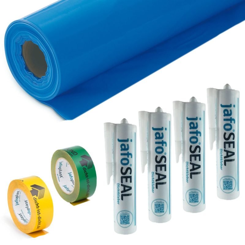 jafo Dampfsperren-Komplettset luftdicht mit 1 Rolle jafo DS 100 PE-Dampfsperre, 4 Kartuschen jafo SEAL Klebe-/Dichtmasse, 1 Rolle jafo BASIC Klebeband und 1 Rolle jafo ALLROUND-Multitape, freigestellt auf weißem Hintergrund