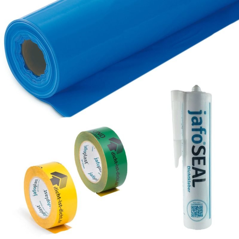 jafo Dampfsperren-Komplettset luftdicht mit 1 Rolle jafo DS 100 PE-Dampfsperre, 1 Kartusche jafo SEAL Klebe-/Dichtmasse, 1 Rolle jafo BASIC Klebeband und 1 Rolle jafo ALLROUND-Multitape, freigestellt auf weißem Hintergrund