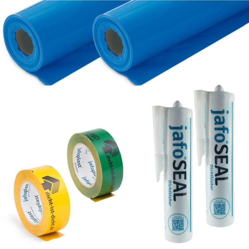 jafo Dampfsperren-Komplettset luftdicht mit 2 Rollen jafo DS 100 PE-Dampfsperre, 2 Kartuschen jafo SEAL Klebe-/Dichtmasse, 1 Rolle jafo BASIC Klebeband und 1 Rolle jafo ALLROUND-Multitape, freigestellt auf weißem Hintergrund