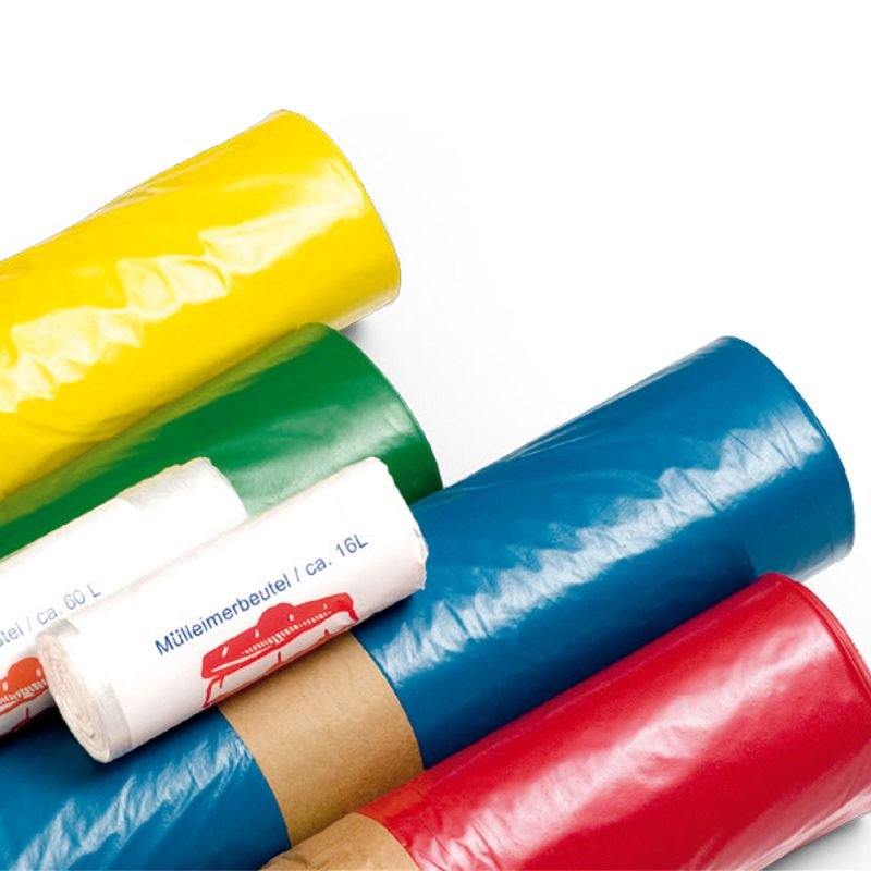 jafo® LDPE Müllsäcke in verschiedenen Farben – Rollen in Gelb, Grün, Blau, Transparent und Rot nebeneinander