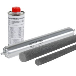 jafo-HERMETIC® WU Fugendicht System – Dichtstoff, Primer und PE Rundschnur freigestellt nebeneinander