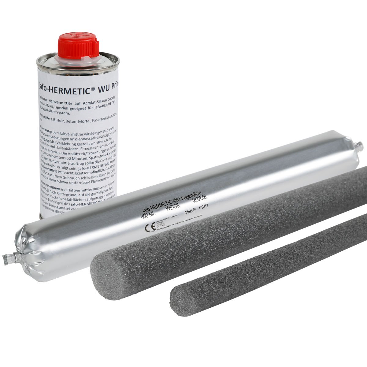 jafo-HERMETIC® WU Fugendicht System – Dichtstoff, Primer und PE Rundschnur freigestellt als Systemdarstellung