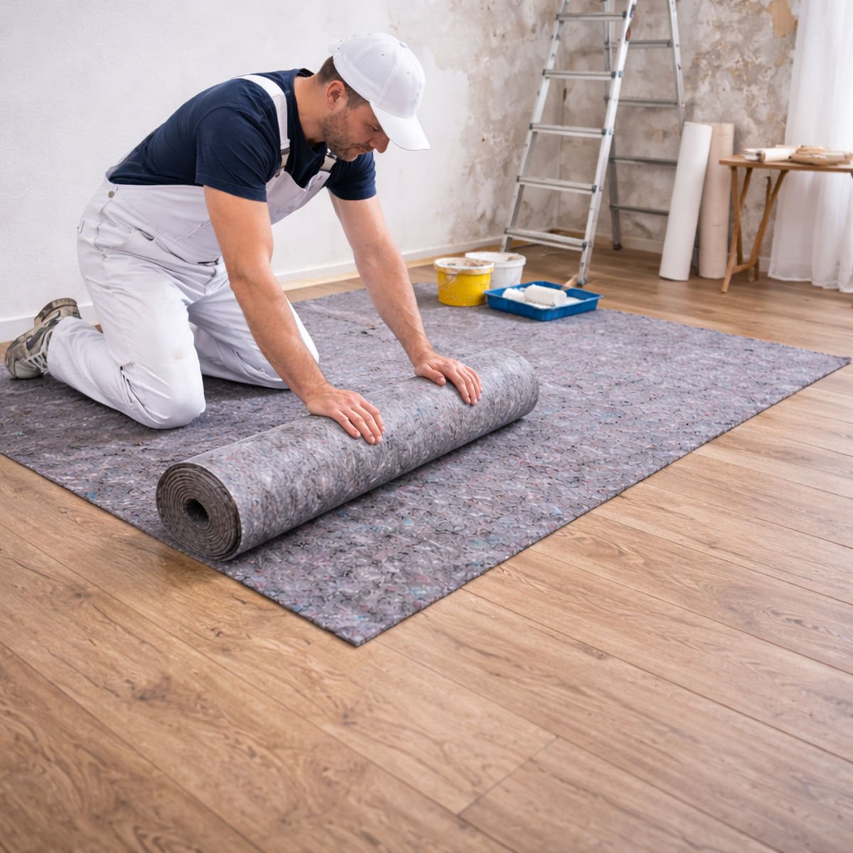 Maler rollt Malerabdeckvlies auf Holzfußboden aus – zuverlässiger Schutz bei Renovierungsarbeiten