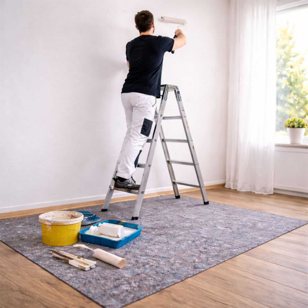 Maler streicht Wand auf Leiter – Boden mit Malerabdeckvlies sauber und sicher abgedeckt