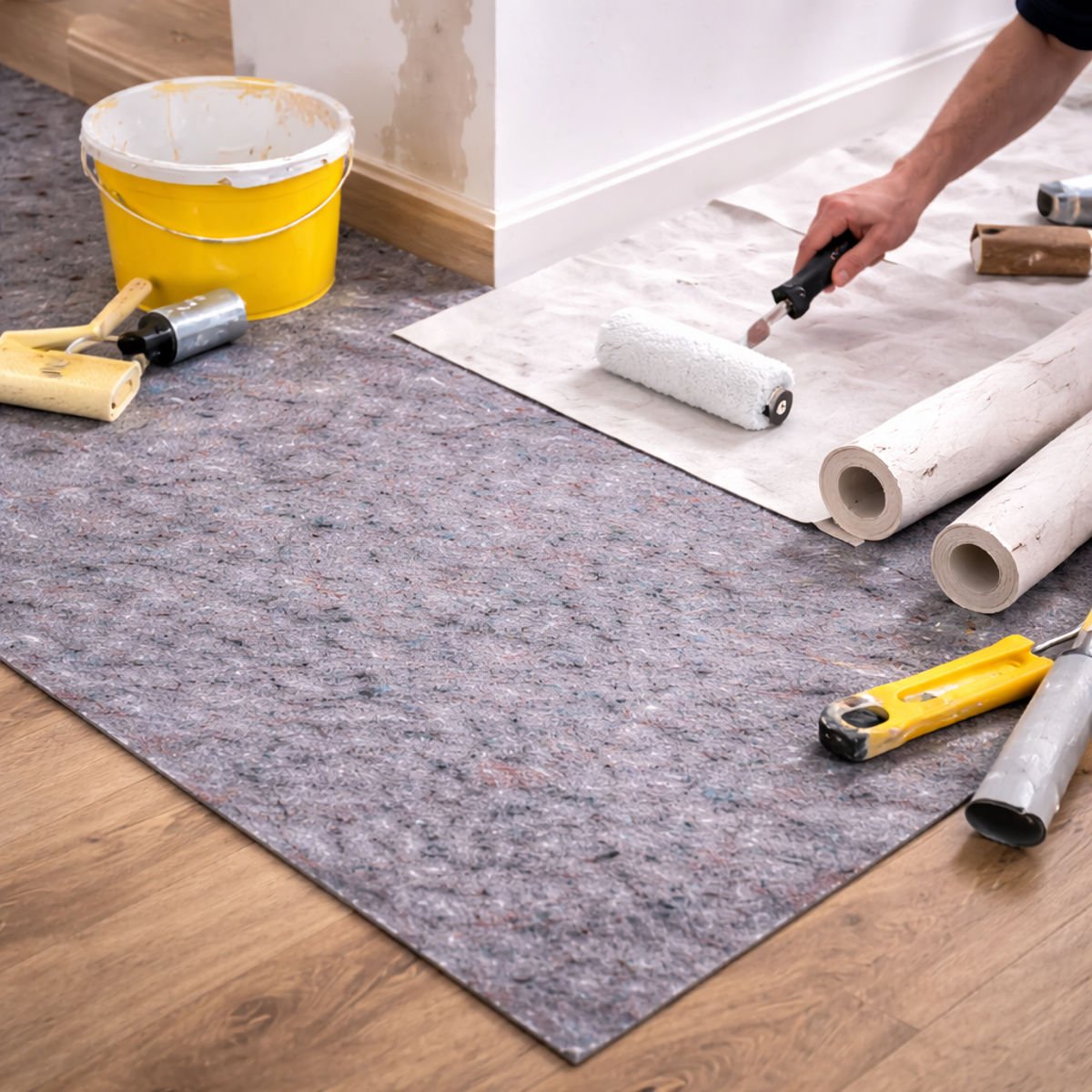 Werkzeuge und Farbeimer auf ausgelegtem Malerabdeckvlies – Schutzvlies beim Tapezieren