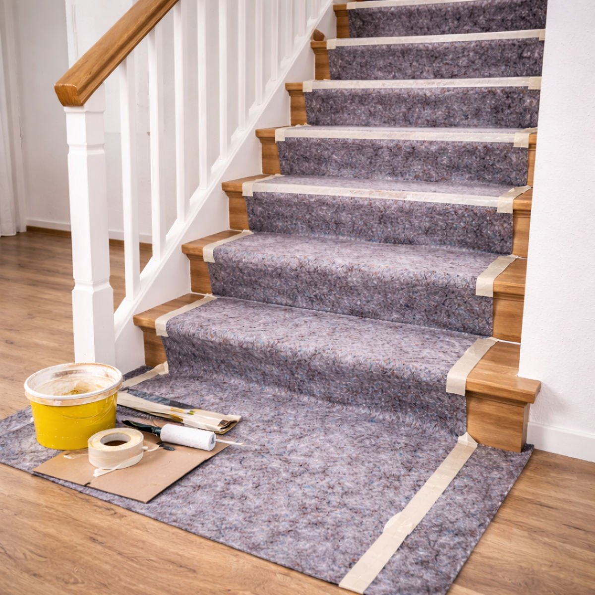 Mit Malerabdeckvlies geschützte Holztreppe – optimaler Oberflächenschutz bei Renovierung und Malerarbeiten