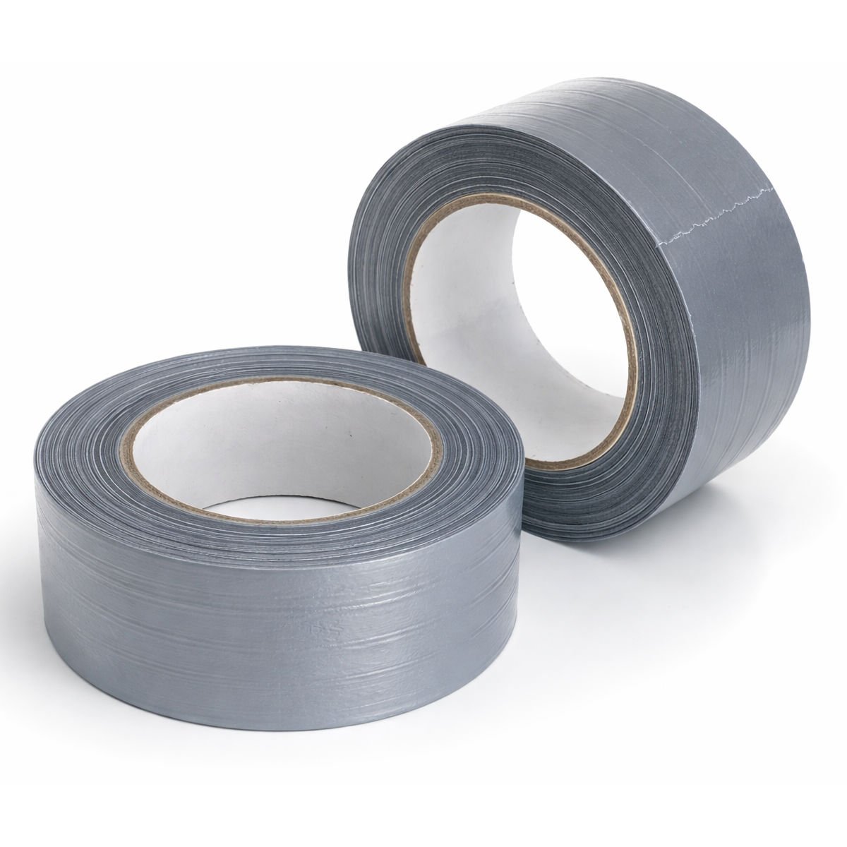zwei rollen jafo steinband gewebeklebeband silbergrau freigestellt auf weißem hintergrund